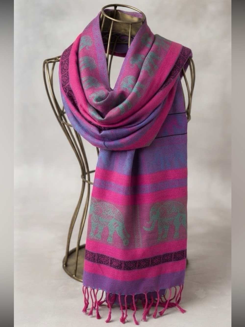 Vibrant Pink & Purple Elephant Silk Feel Scarf Fringe Boho Chic